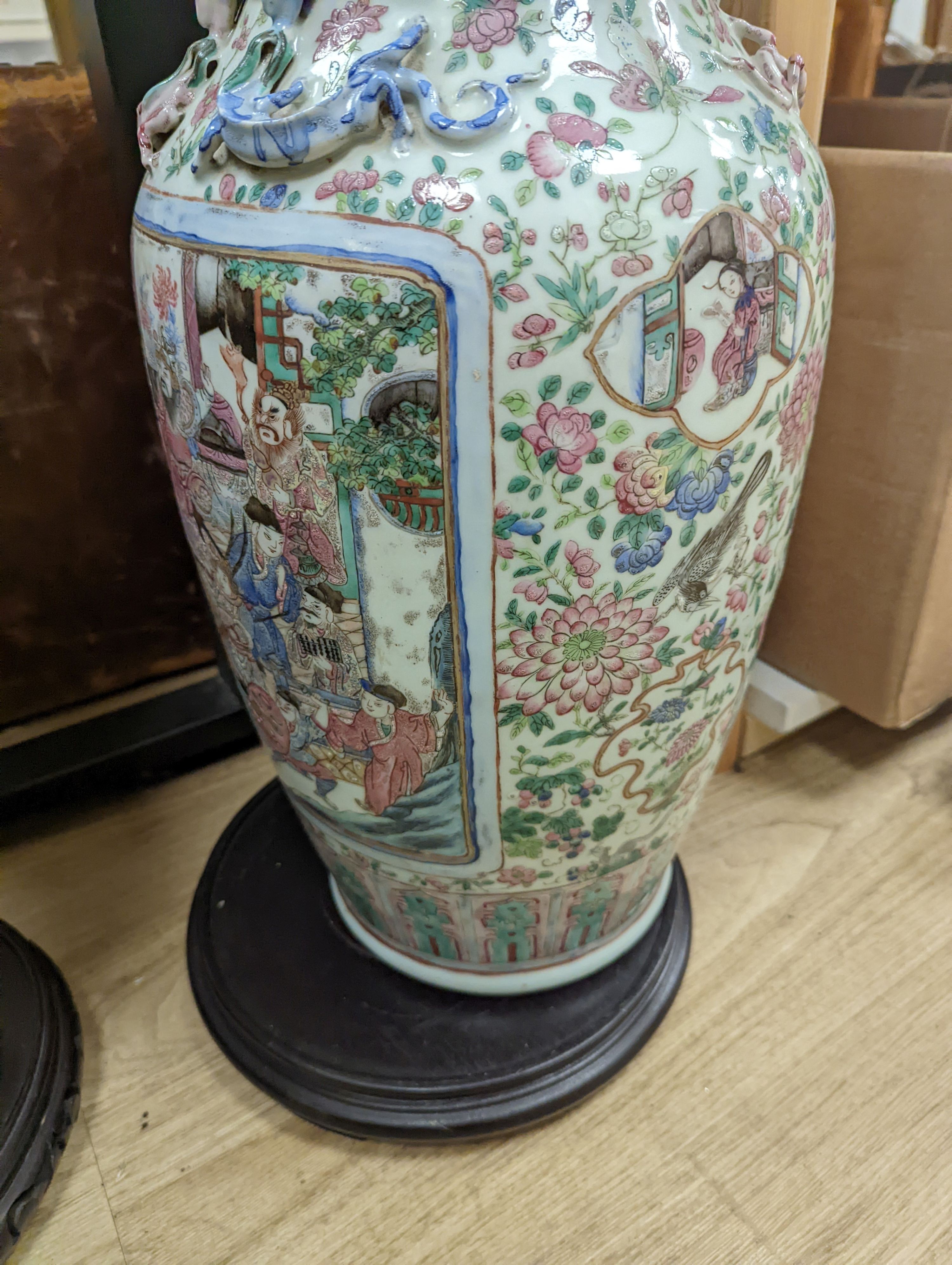 A large Chinese crackle glaze vase, late 19th/early 20th century and a large Chinese famille rose vase, late 19th century, tallest 60 cm.